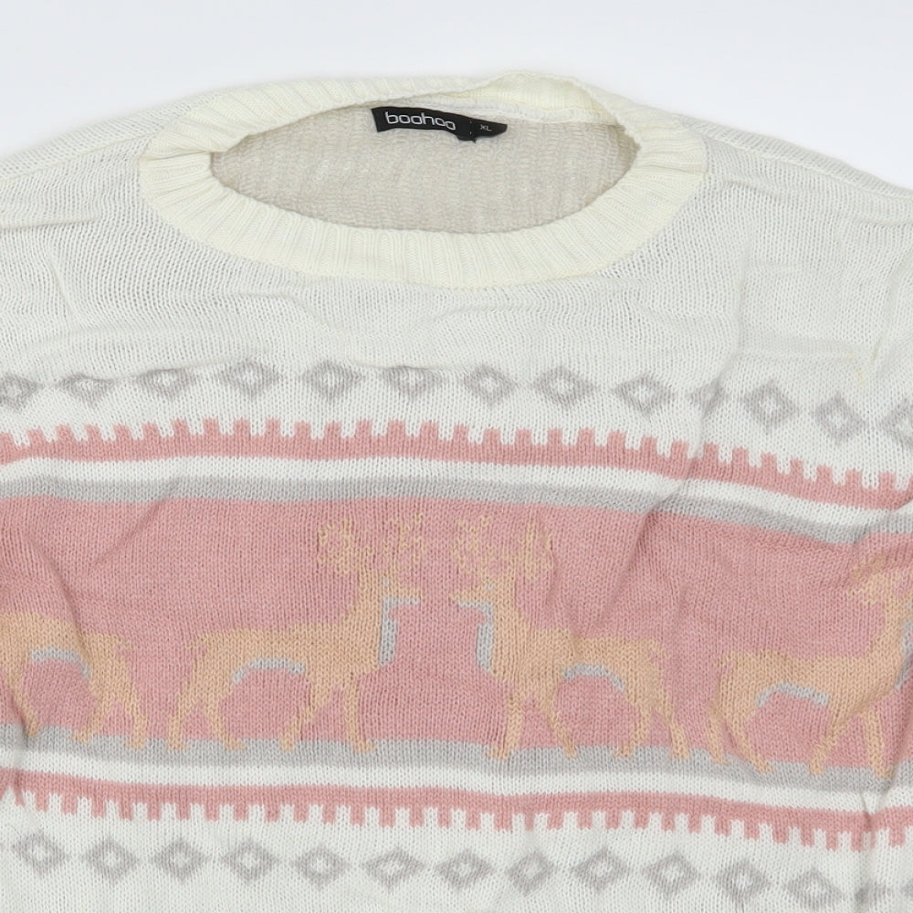 Boohoo Womens White Geometric  Pullover Jumper Size XL  - PinkChristmas Prints