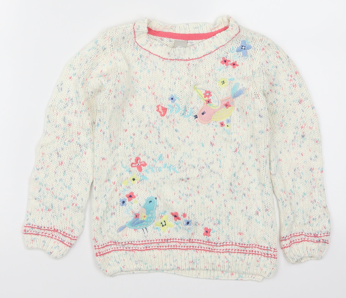 TU Girls White  Knit Pullover Jumper Size 4-5 Years  - Pink and Blue Birds