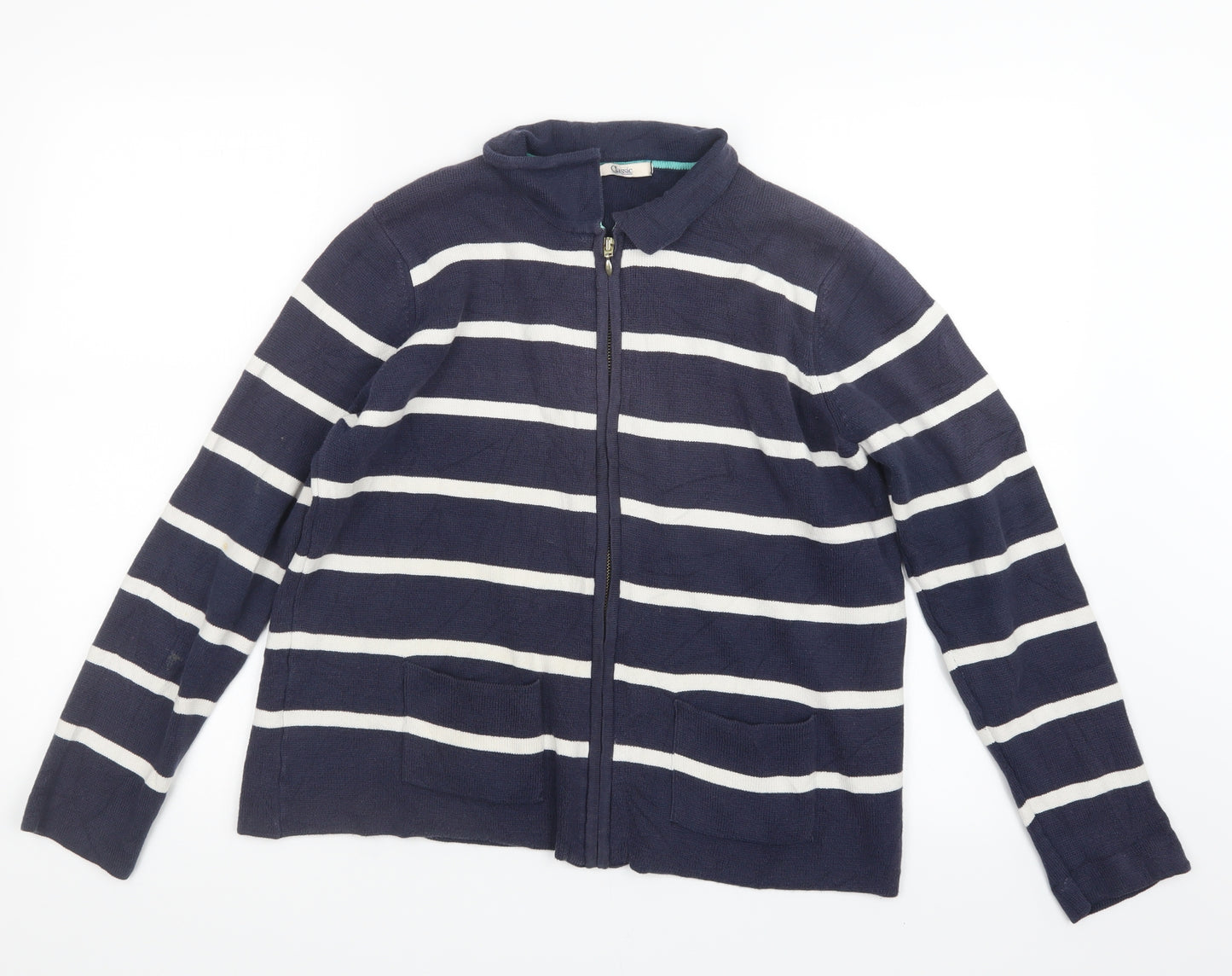 Marks and Spencer Womens Blue Striped Knit Full Zip Jumper Size 12