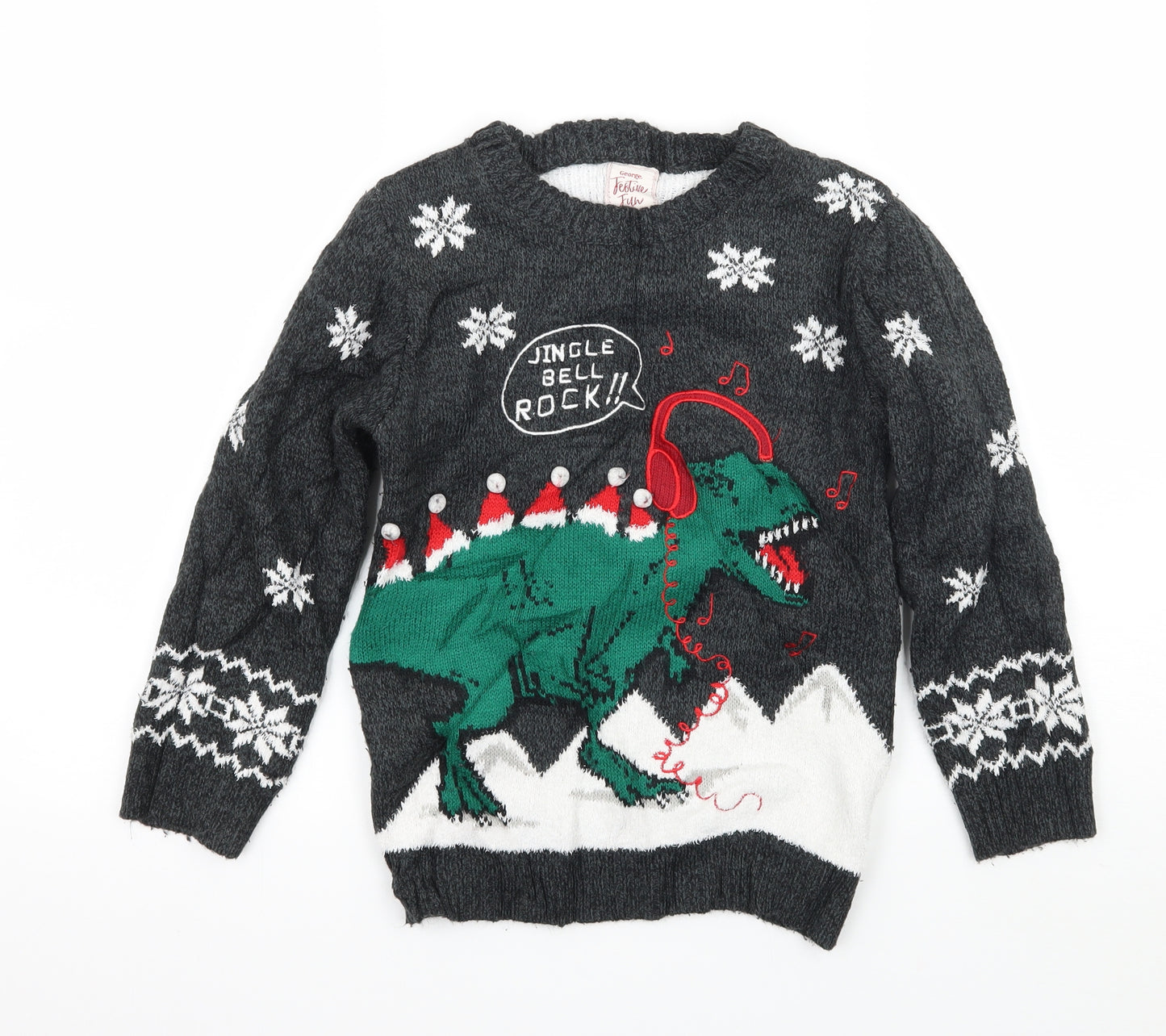 George Boys Green Geometric Knit Pullover Jumper Size 7-8 Years  - Christmas T-rex