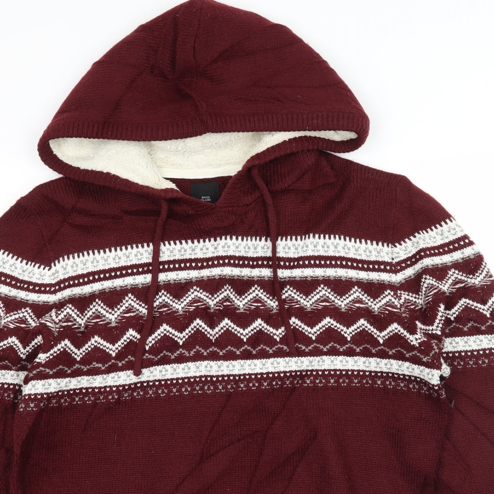 River Island Mens Red  Knit Pullover Hoodie Size M