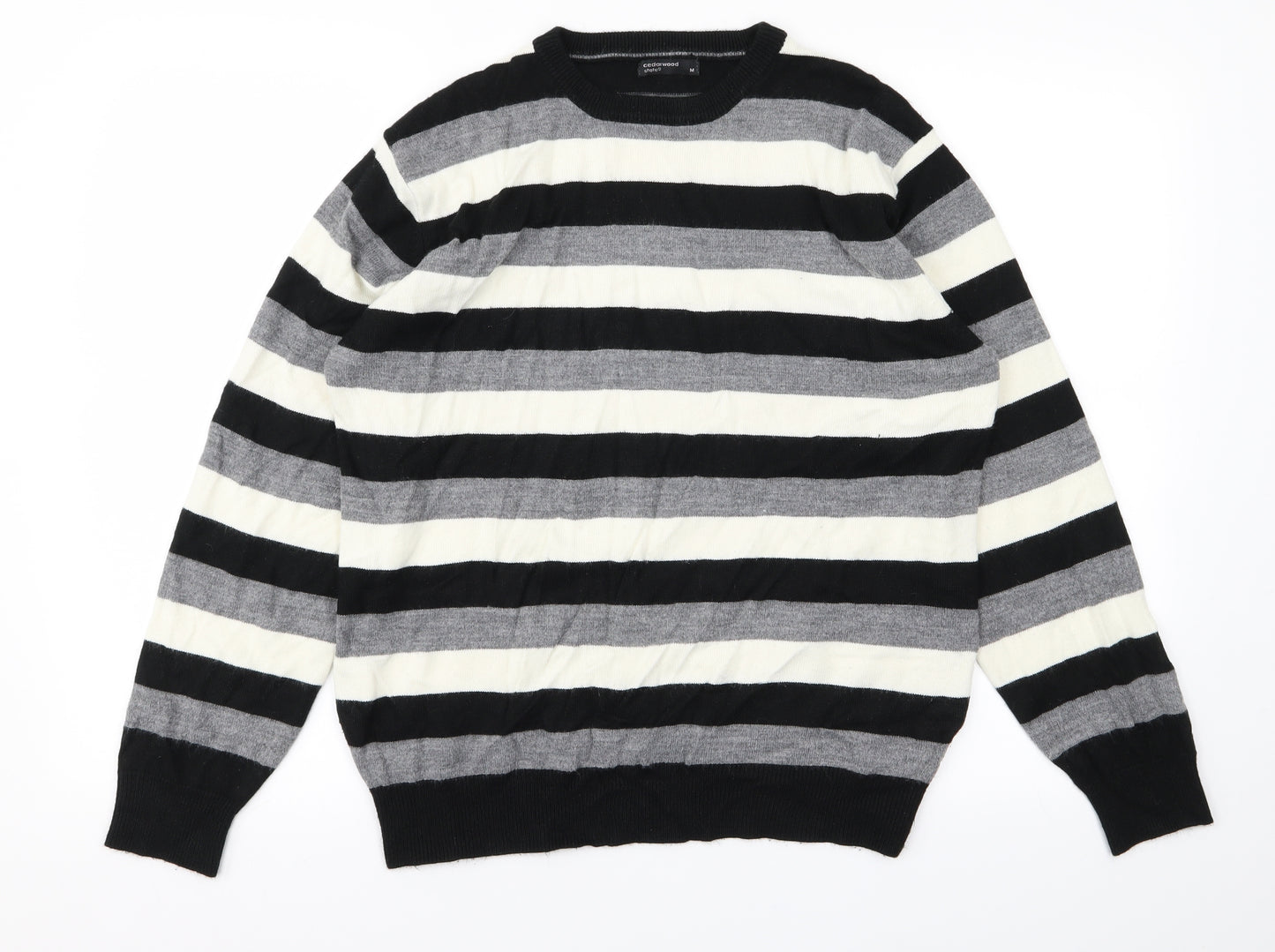 Cedar Wood State Mens Grey Striped Knit Pullover Jumper Size M