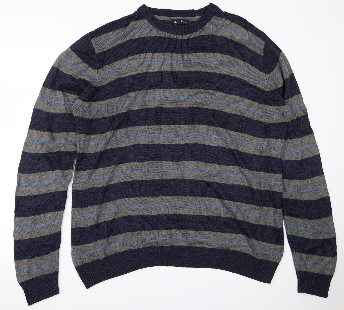 James Pringle Mens Blue Striped Knit Pullover Jumper Size XL