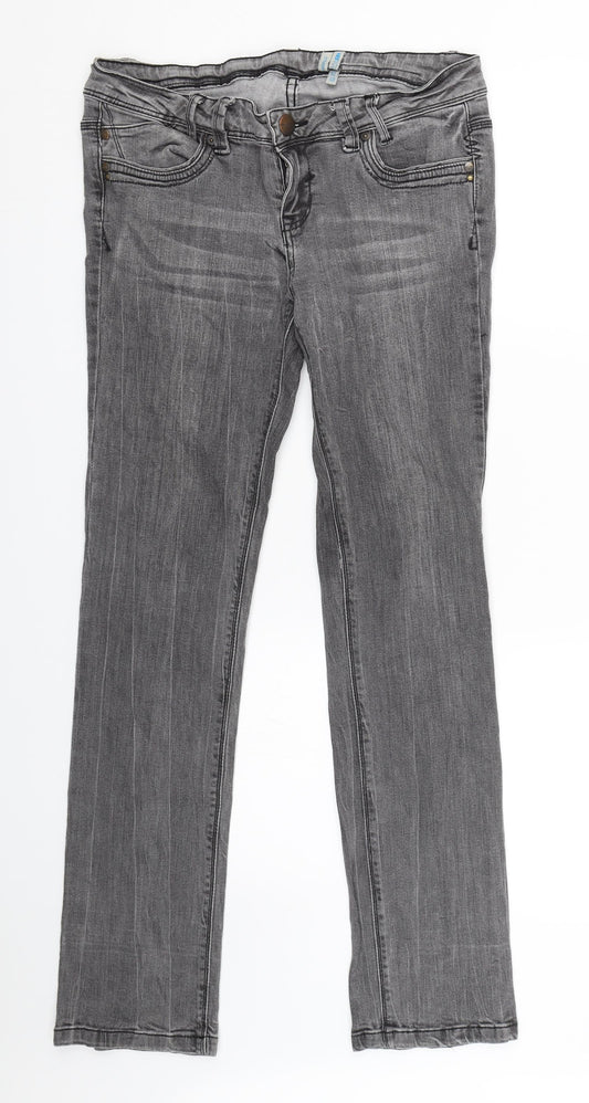 Front view of New Look women’s grey denim straight jeans, size UK 12, 29-inch leg