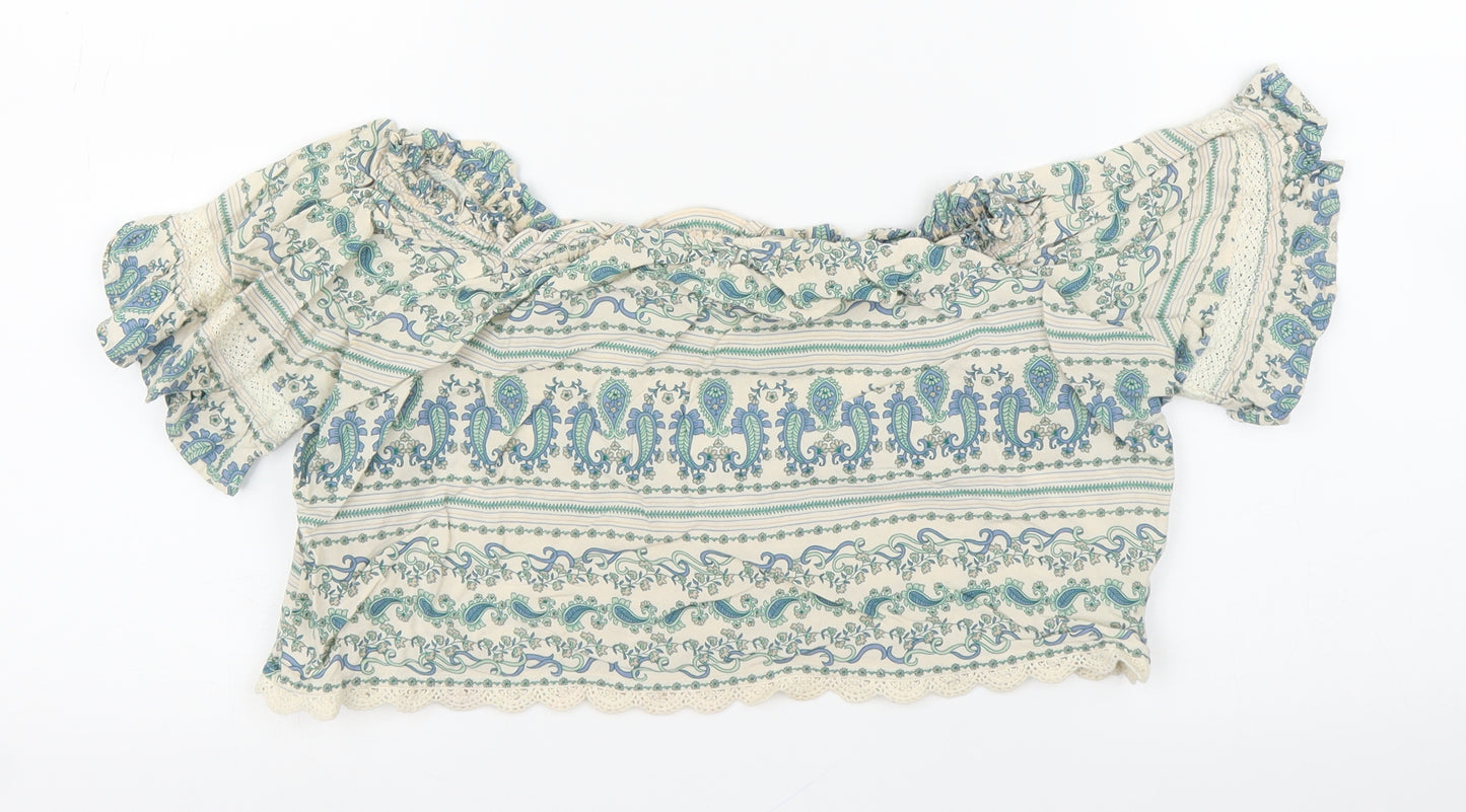 H&M Womens Beige Paisley  Cropped Blouse Size 6