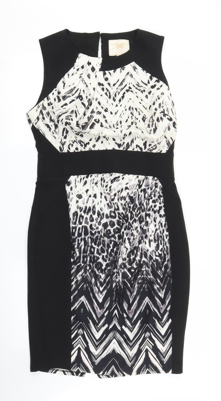 Lipsy Womens Black Herringbone  Sheath  Size 14  - Leopard print