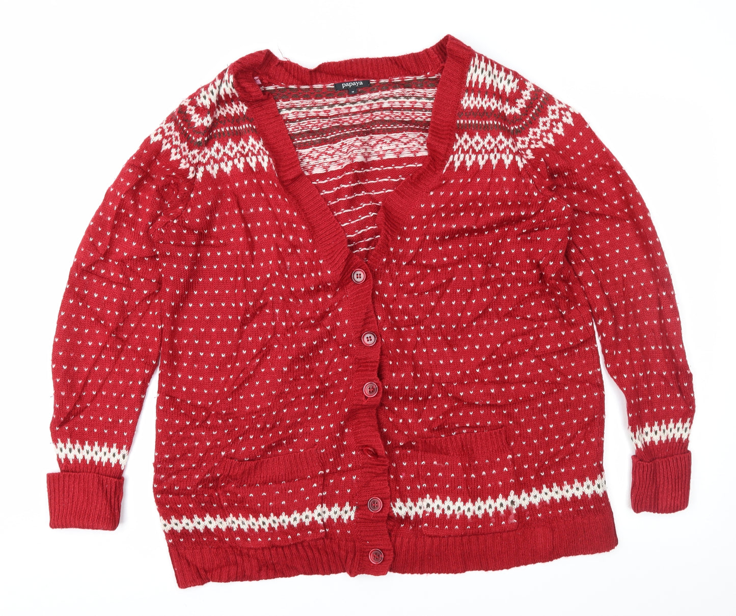 Papaya Womens Red Fair Isle  Cardigan Jumper Size 18