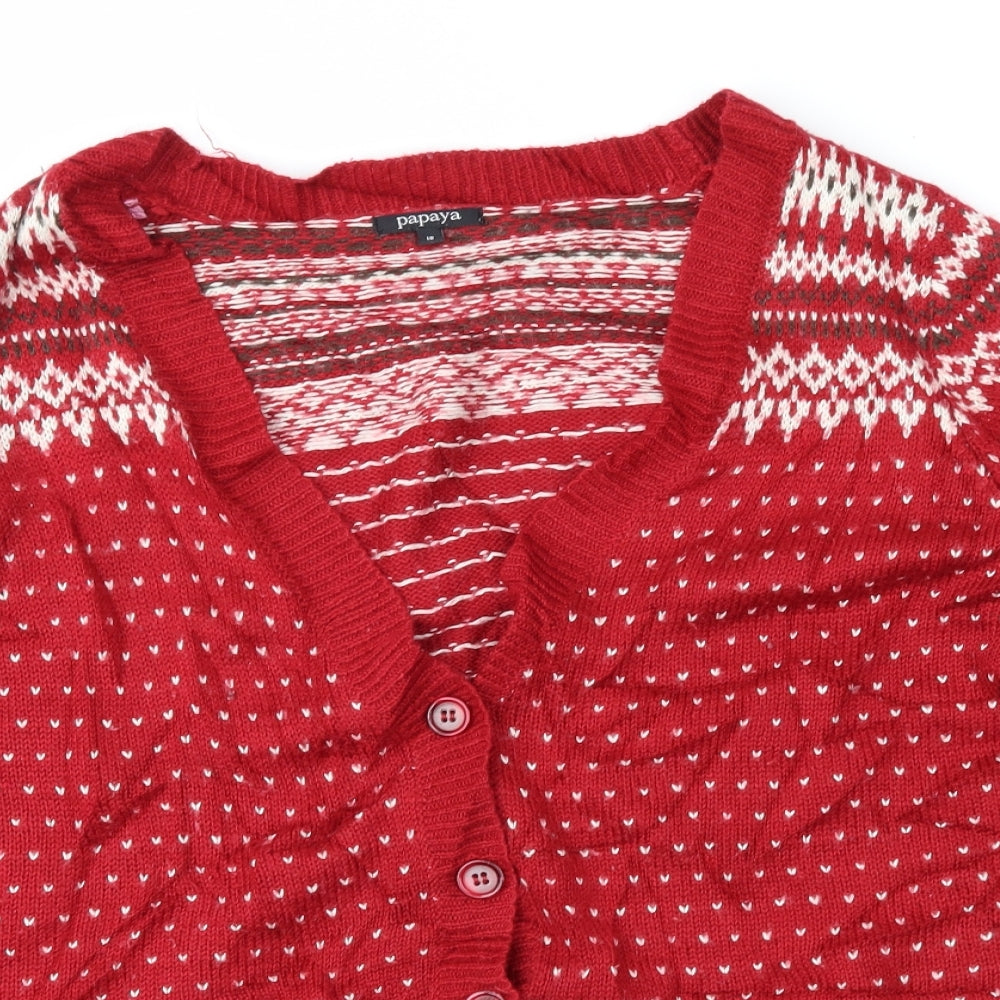 Papaya Womens Red Fair Isle  Cardigan Jumper Size 18