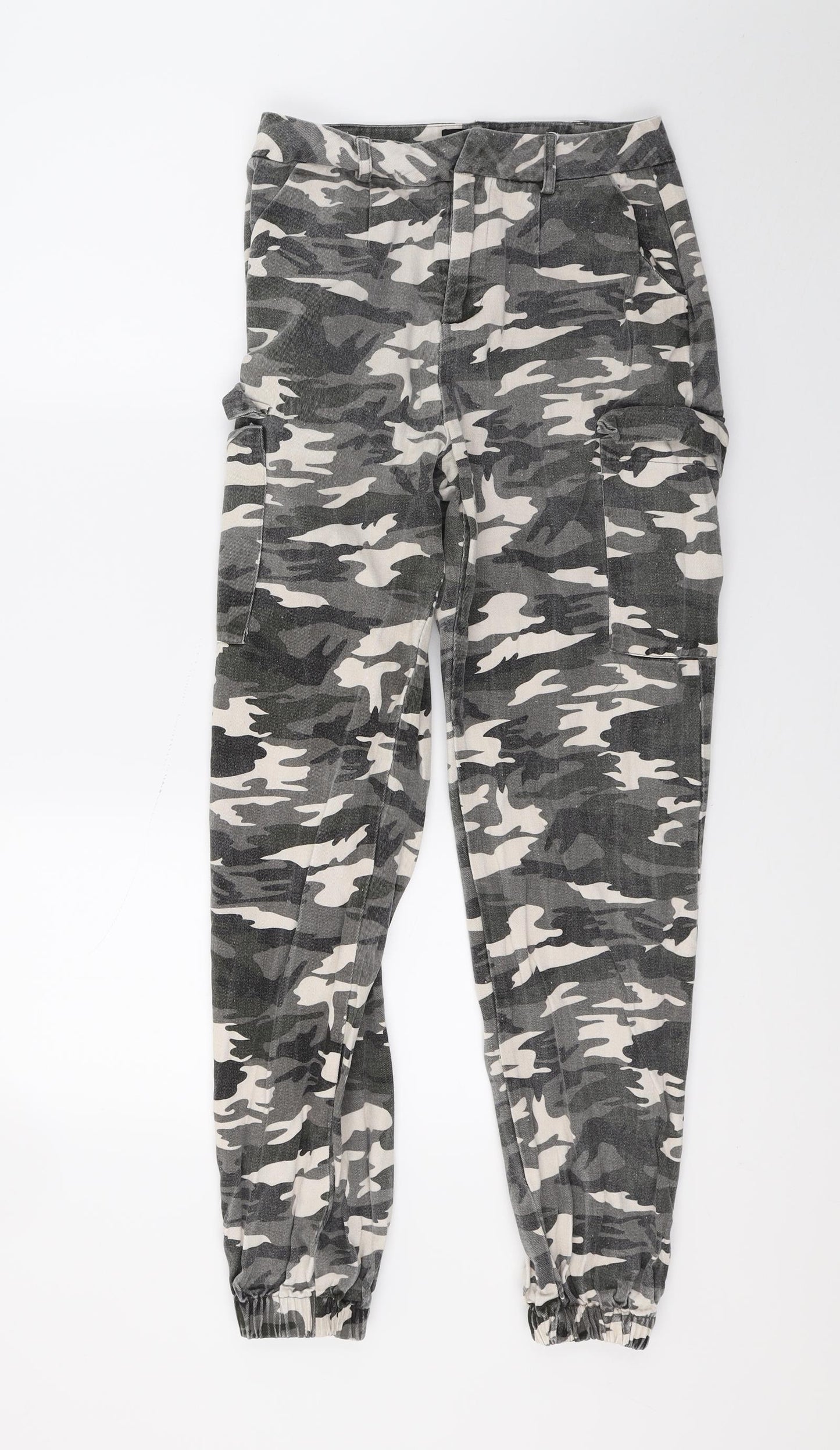 PRETTYLITTLETHING Womens Grey Camouflage Denim Cargo Trousers Size 6 L26 in