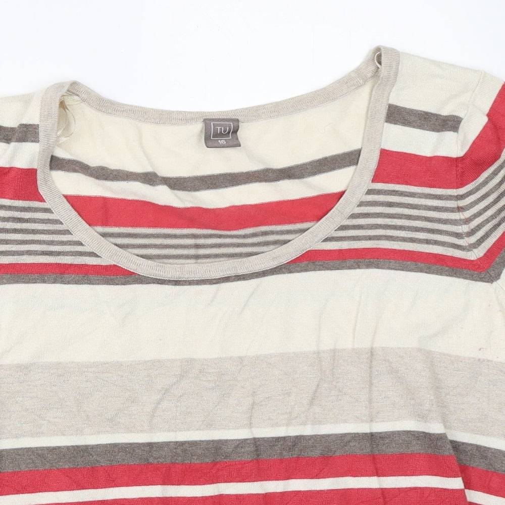 TU Womens Beige Striped  Basic T-Shirt Size 16
