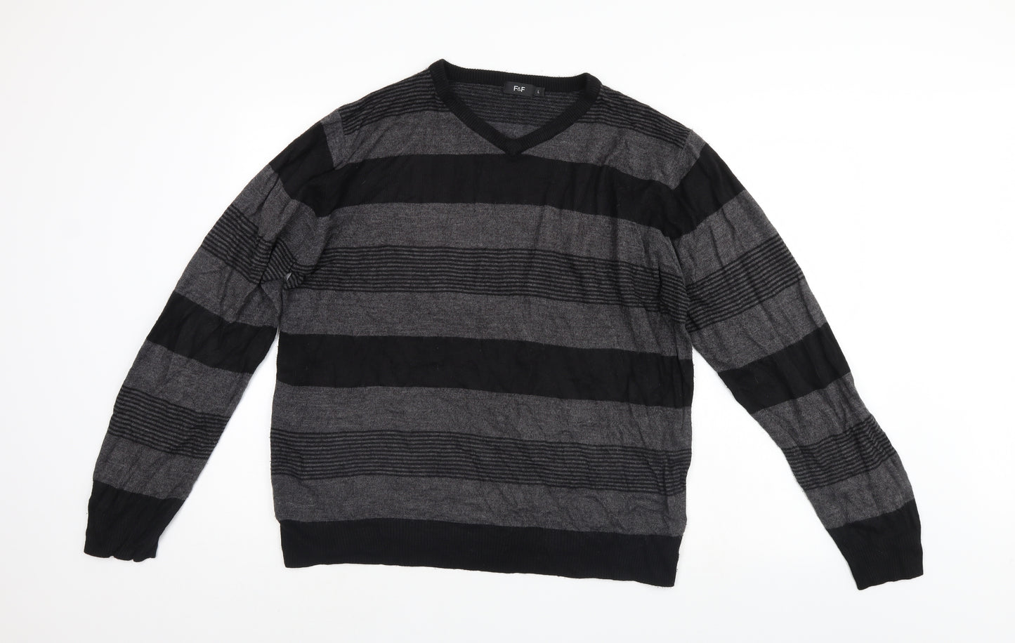 F&F Mens Black Striped  Pullover Jumper Size L