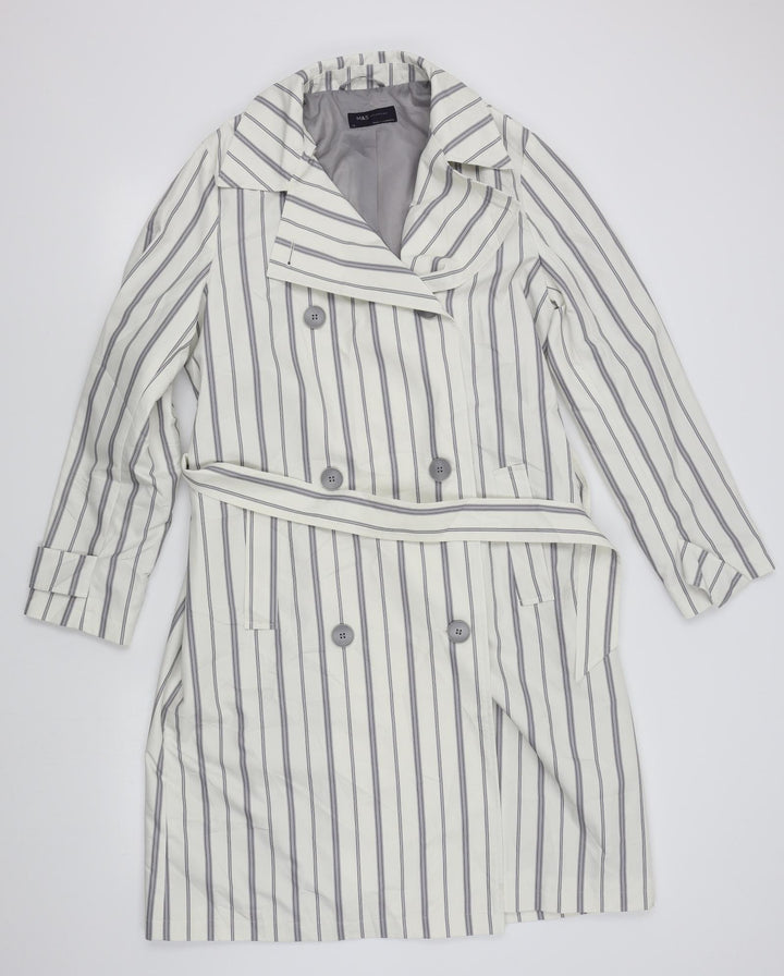 M&S Womens White Striped Overcoat Coat Size 14