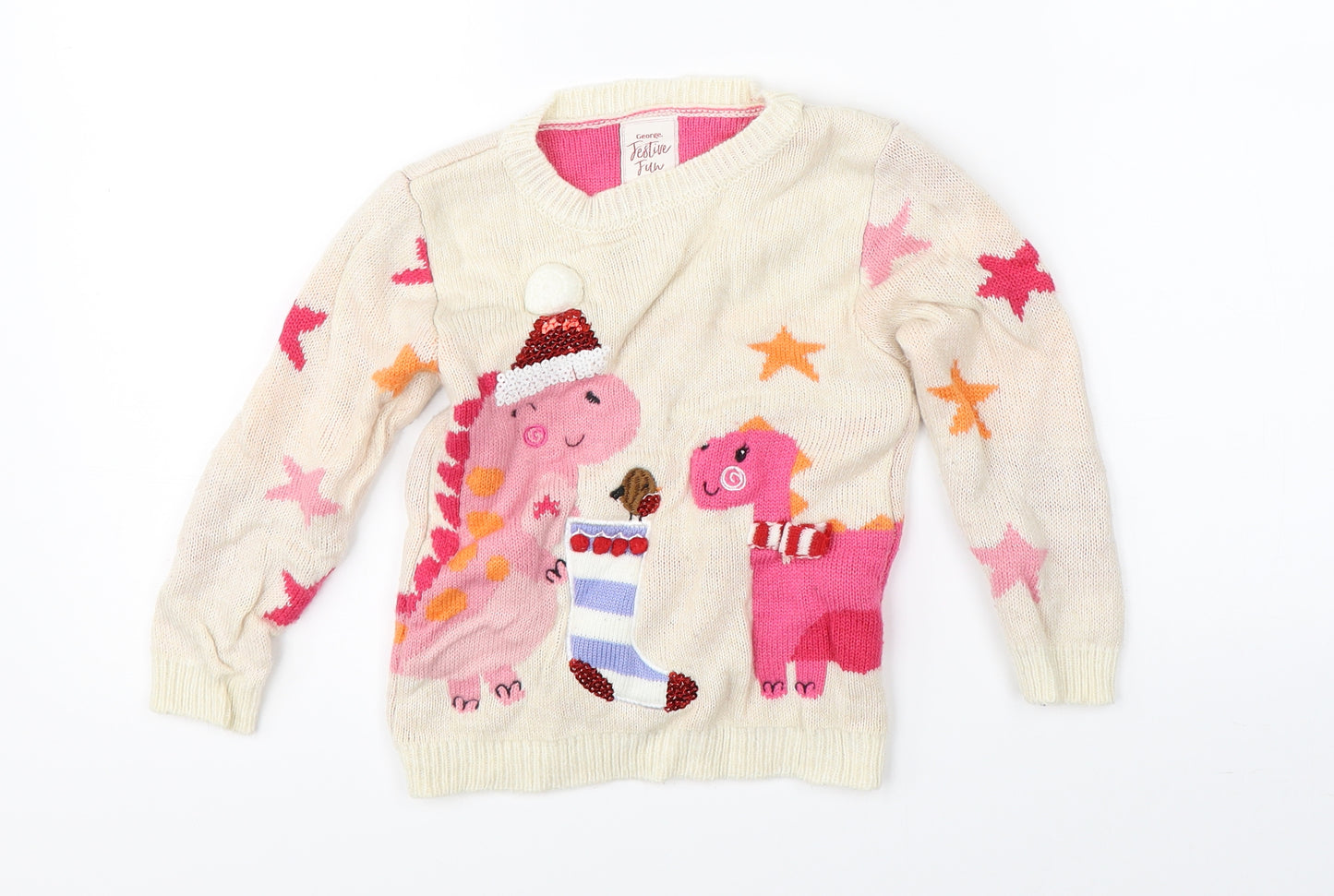 George Girls Beige  Knit Pullover Jumper Size 3-4 Years  - christmas dinosaur