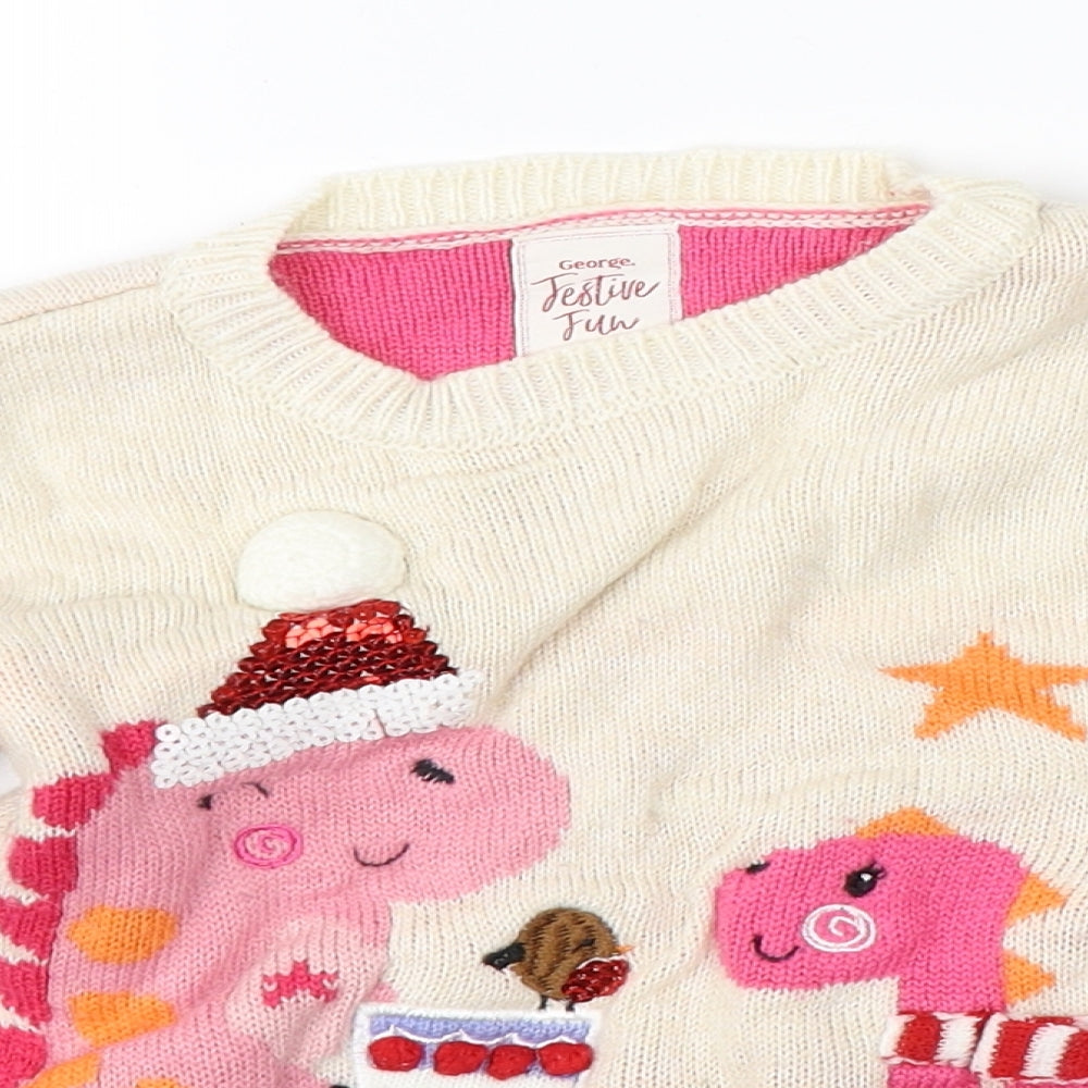 George Girls Beige  Knit Pullover Jumper Size 3-4 Years  - christmas dinosaur