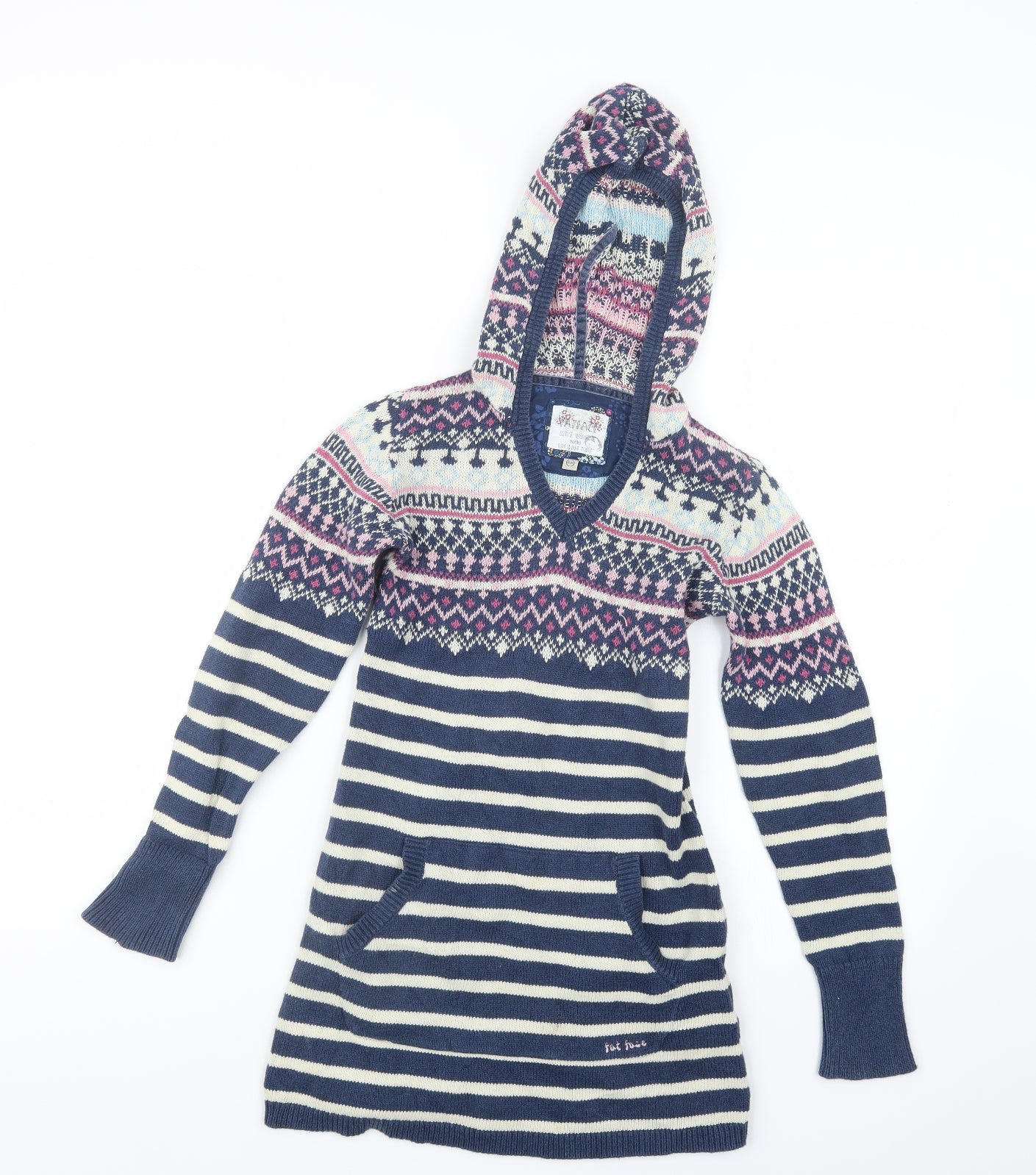 Fat Face Girls Blue Geometric Knit Pullover Jumper Size 10-11 Years