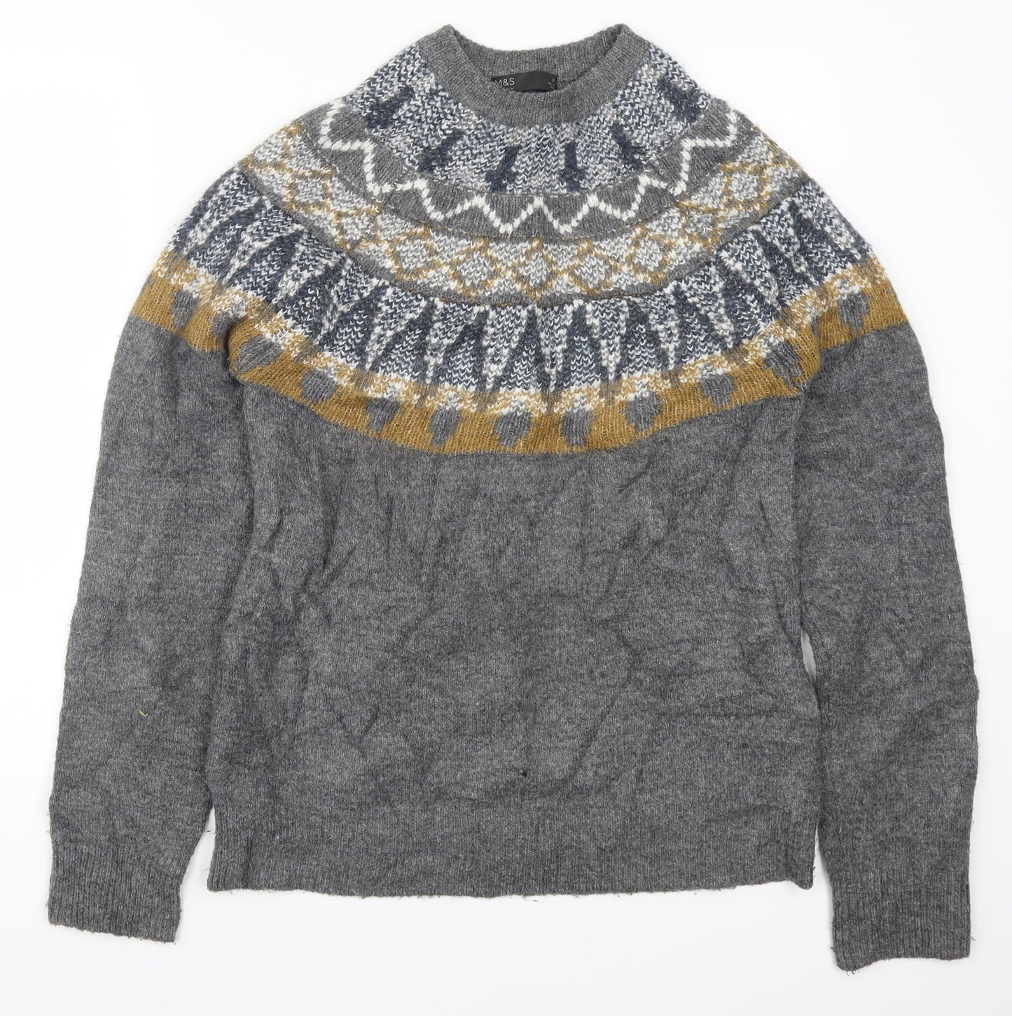 Marks and Spencer Mens Grey Fair Isle Knit Pullover Jumper Size S