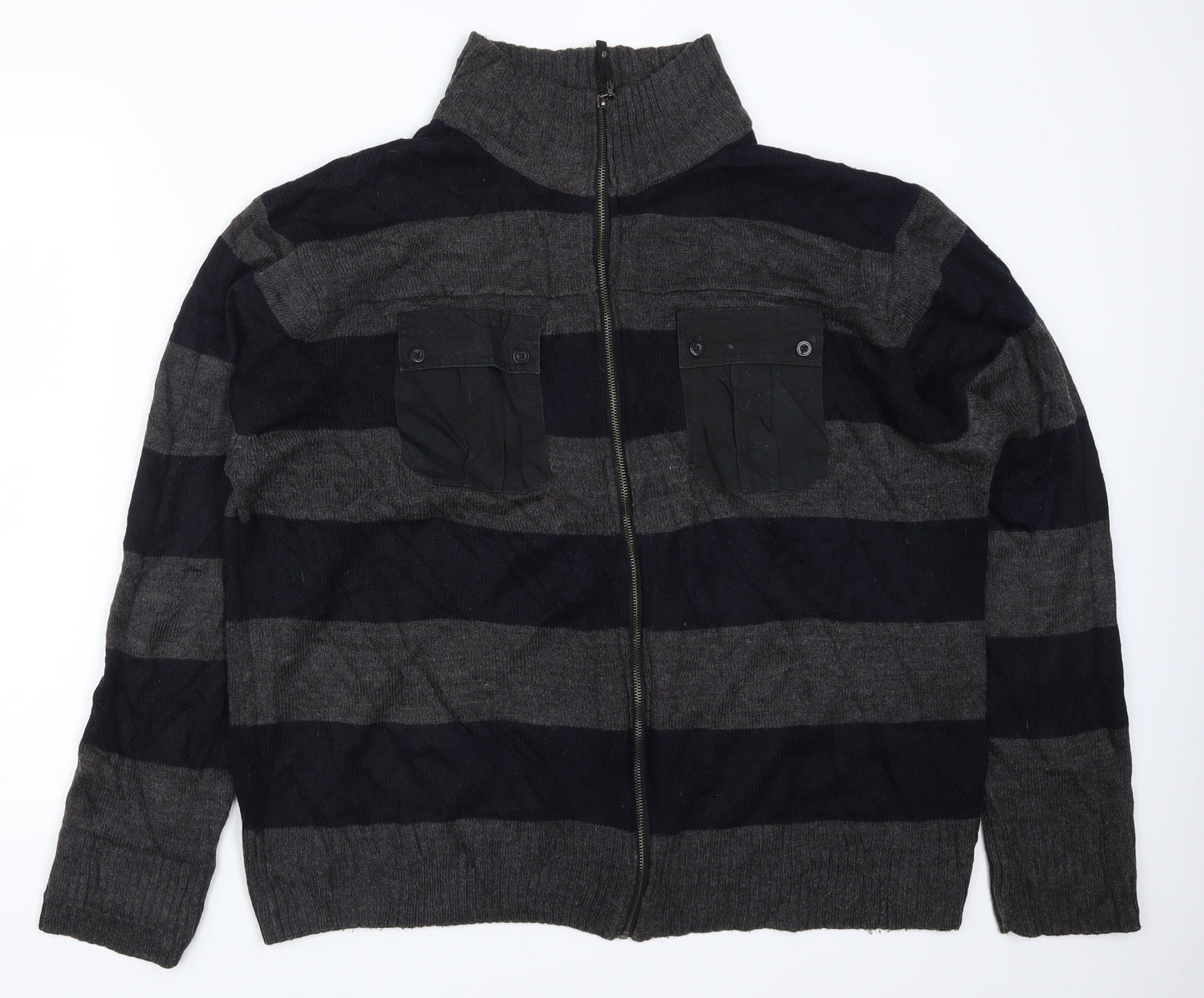 Lee Cooper Mens Grey Striped Knit Full Zip Jumper Size 2XL