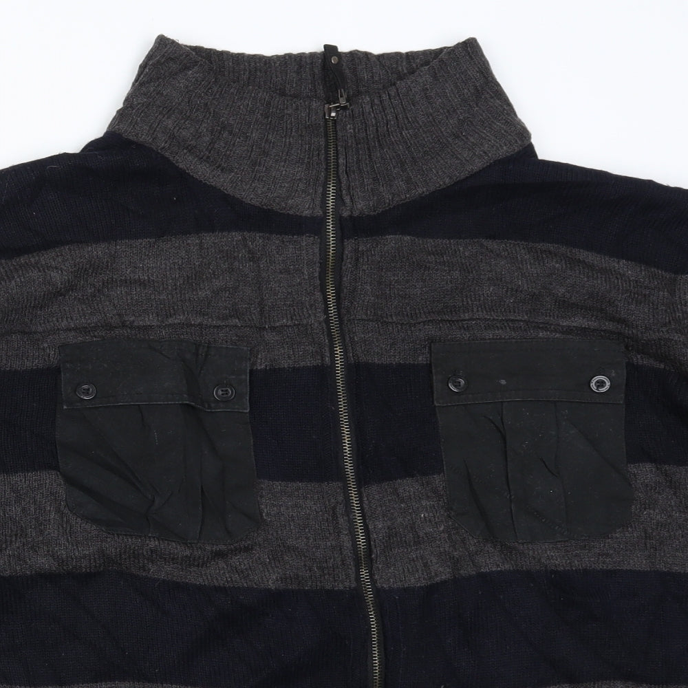 Lee Cooper Mens Grey Striped Knit Full Zip Jumper Size 2XL