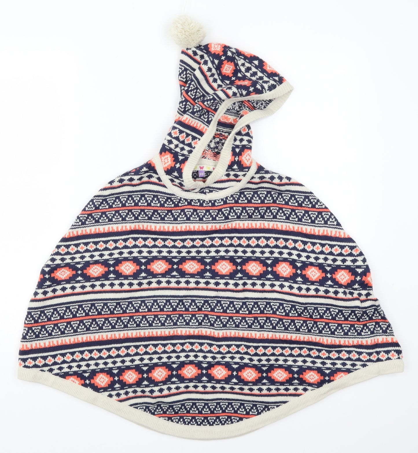 John Lewis Girls Blue Geometric Knit Jacket Poncho Size 9-10 Years  - Pom Pom