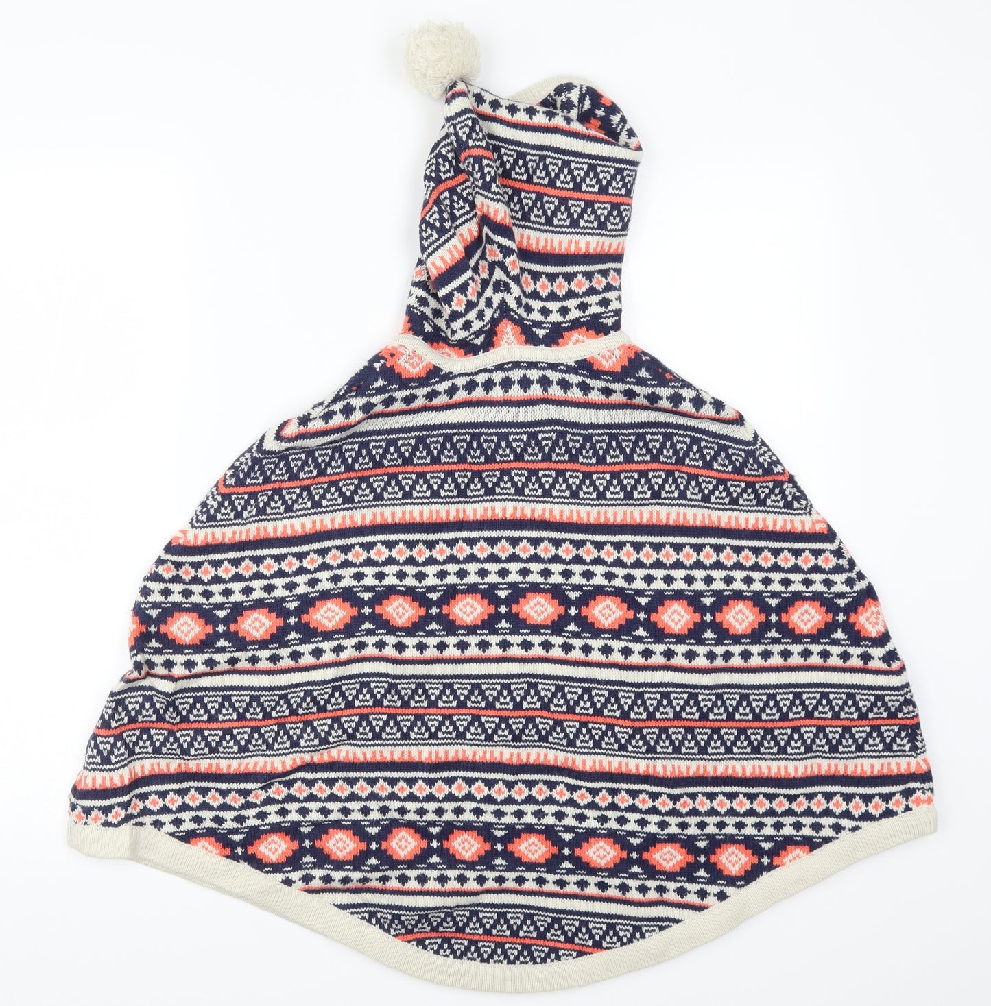 John Lewis Girls Blue Geometric Knit Jacket Poncho Size 9-10 Years  - Pom Pom