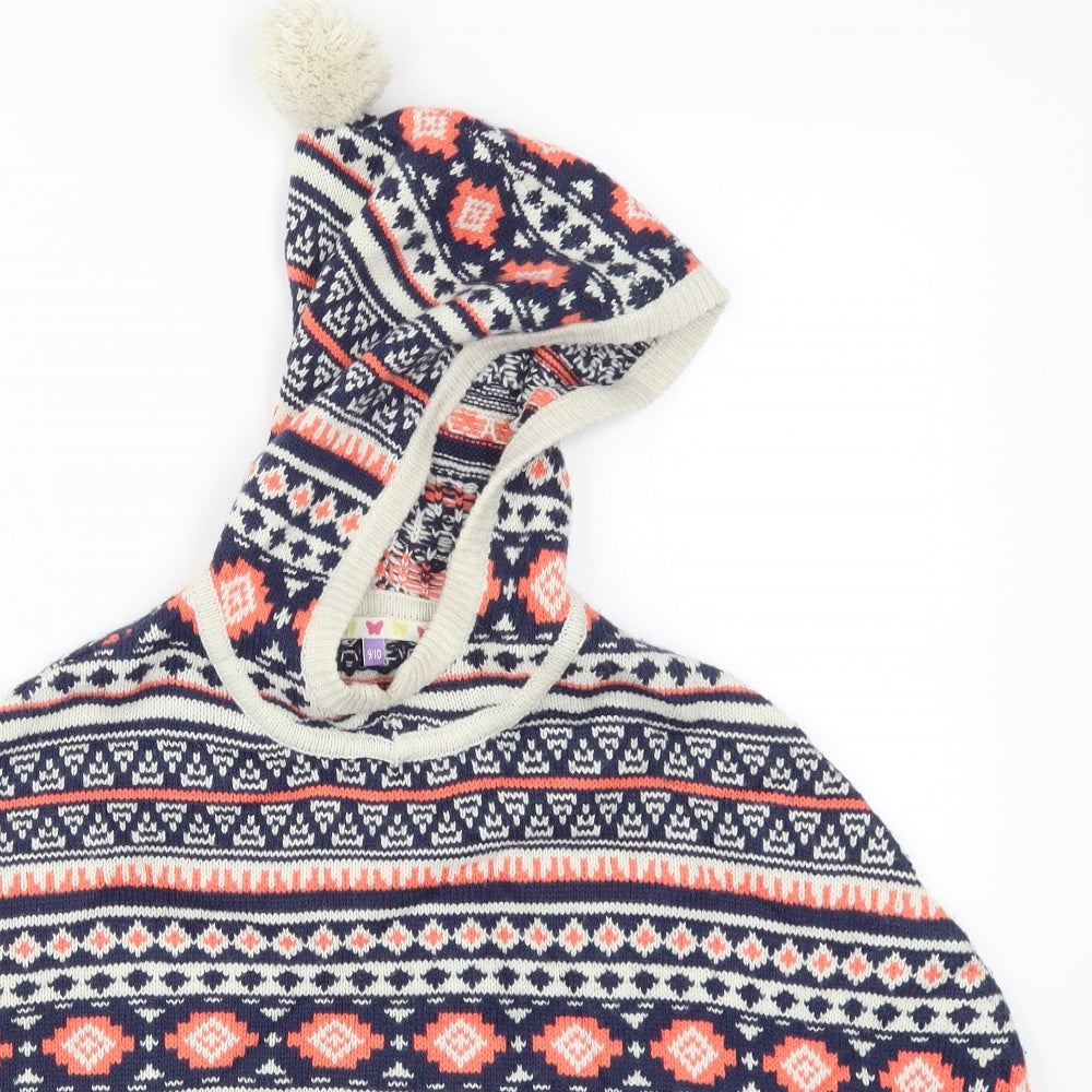John Lewis Girls Blue Geometric Knit Jacket Poncho Size 9-10 Years  - Pom Pom
