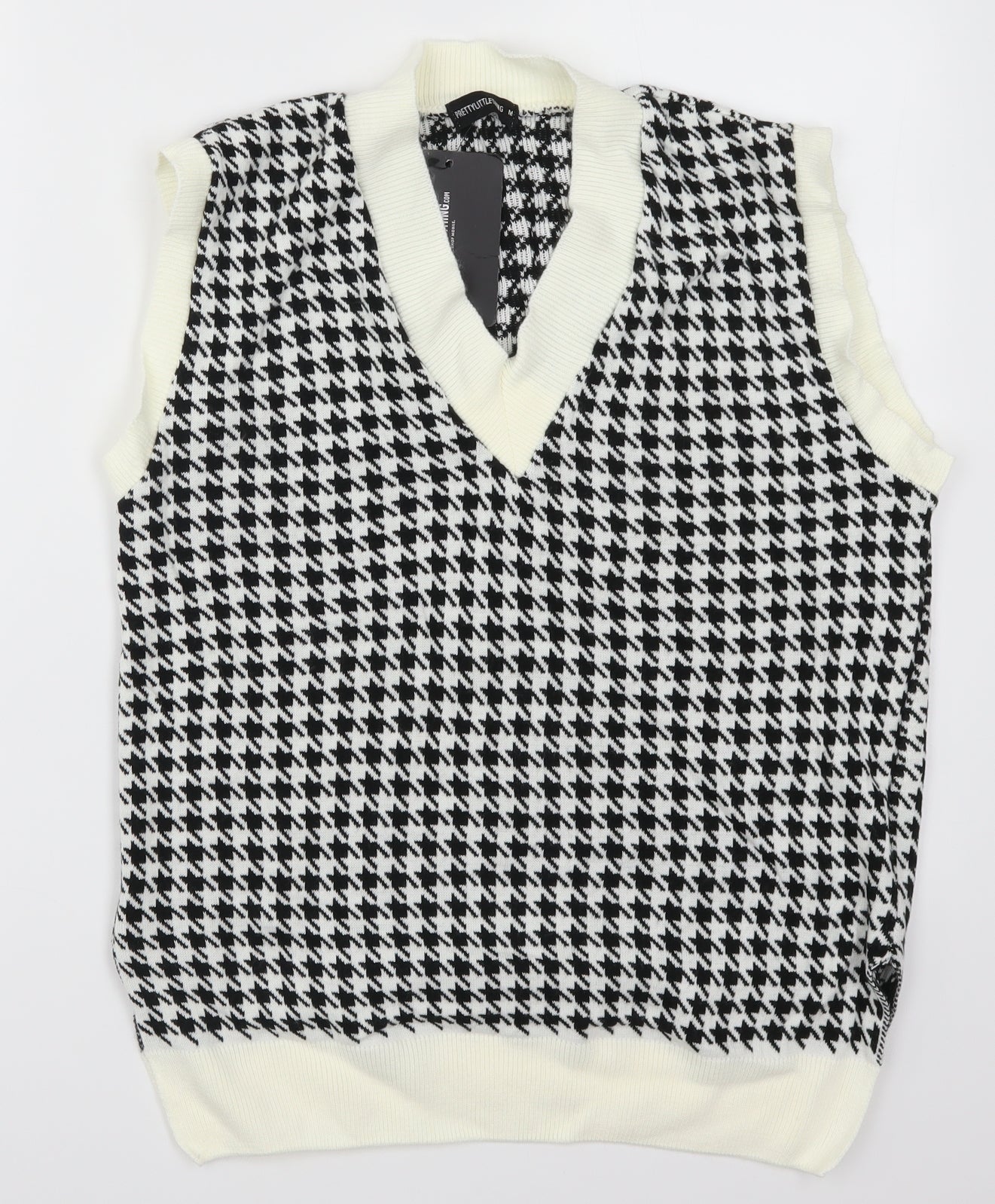 PRETTYLITTLETHING Womens Black Houndstooth Knit Vest Jumper Size M  - Cream and Black