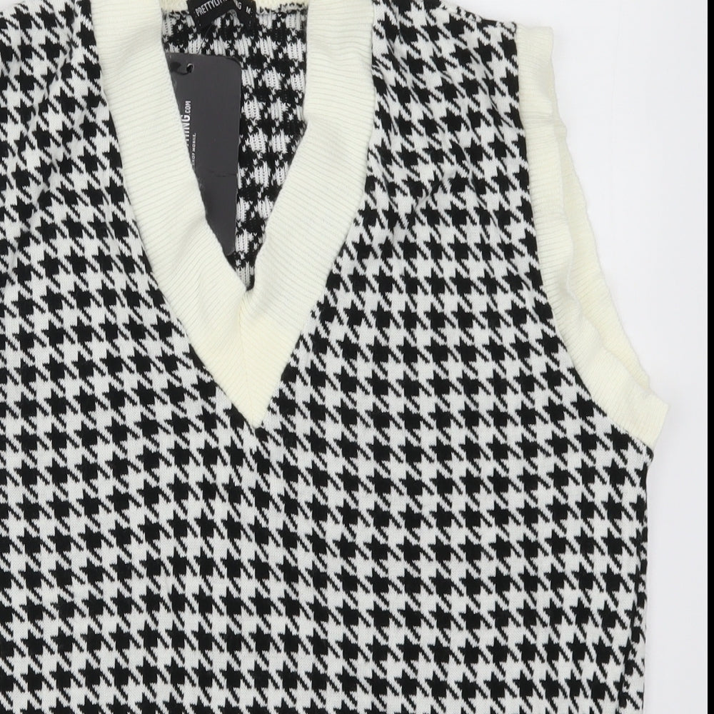 PRETTYLITTLETHING Womens Black Houndstooth Knit Vest Jumper Size M  - Cream and Black