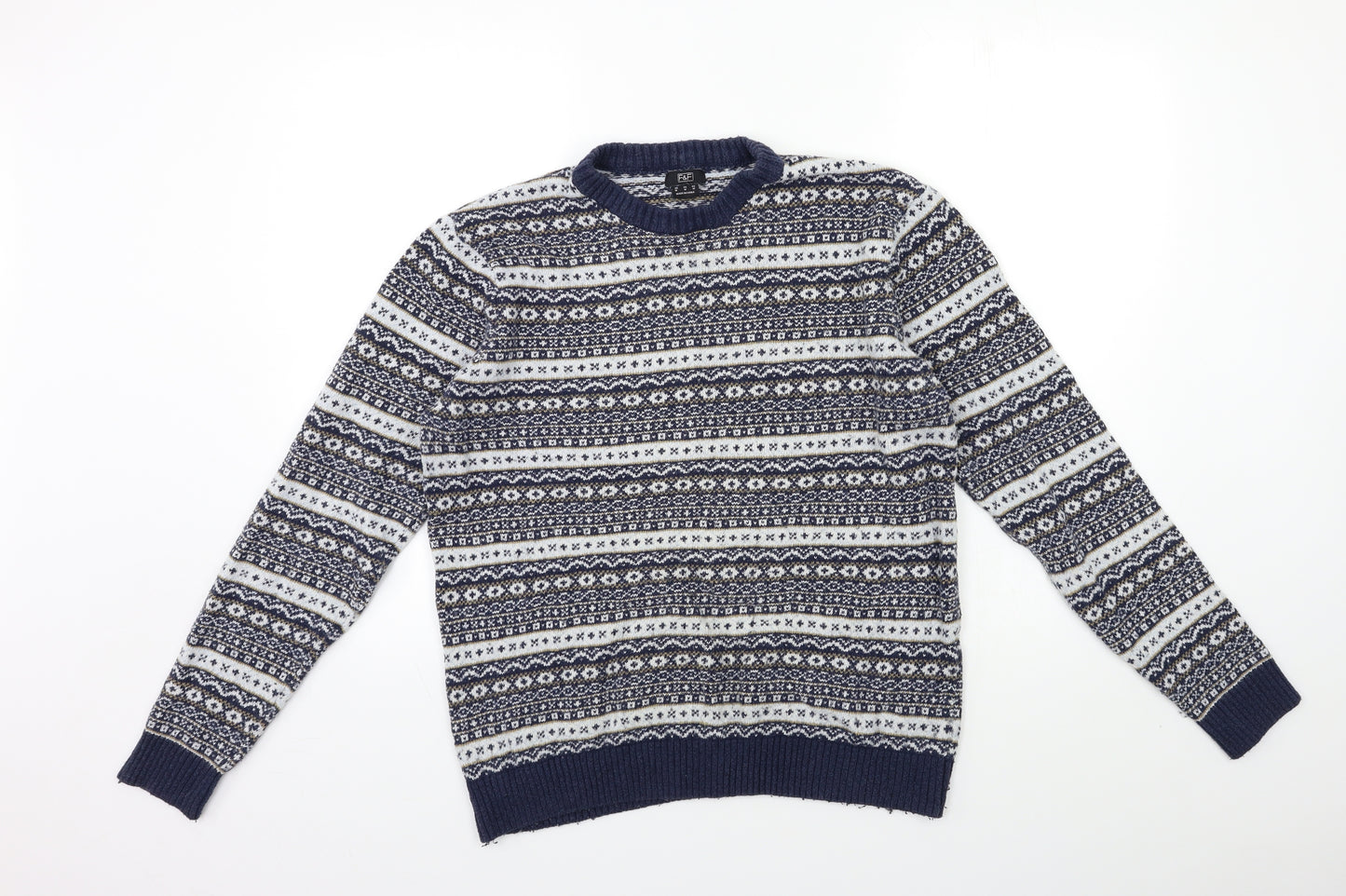 F&F Mens Blue Striped Knit Pullover Jumper Size M