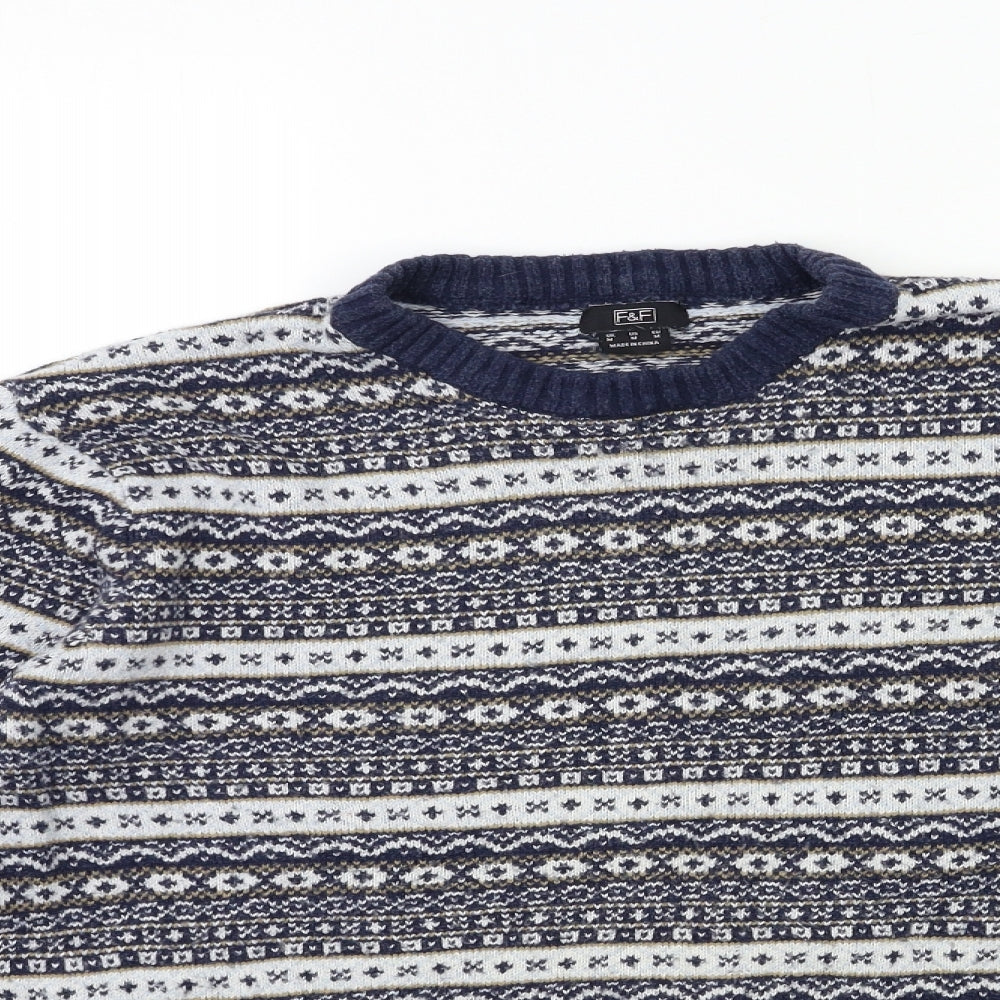 F&F Mens Blue Striped Knit Pullover Jumper Size M
