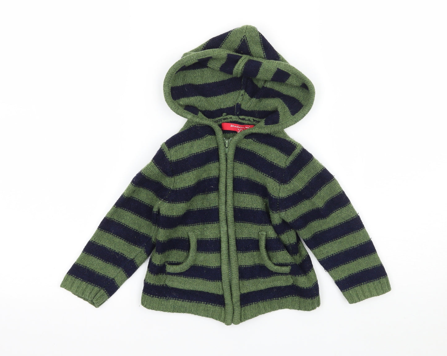 Strawberry Faire Boys Green Striped Knit Full Zip Hoodie Size 2 Years