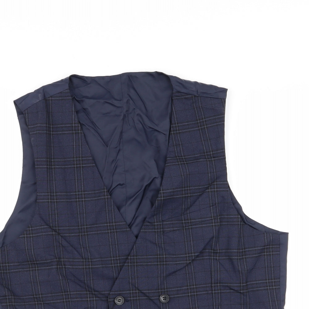 M&S Mens Blue Check  Jacket Suit Waistcoat Size M