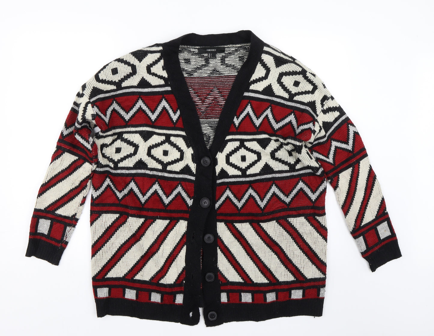FOREVER 21 Womens Red Striped Knit Cardigan Jumper Size L