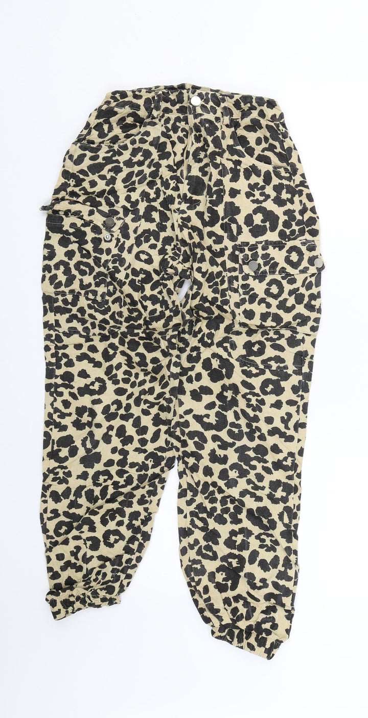 PRETTYLITTLETHING Womens Beige Animal Print Denim Cargo Trousers Size 4 L25 in