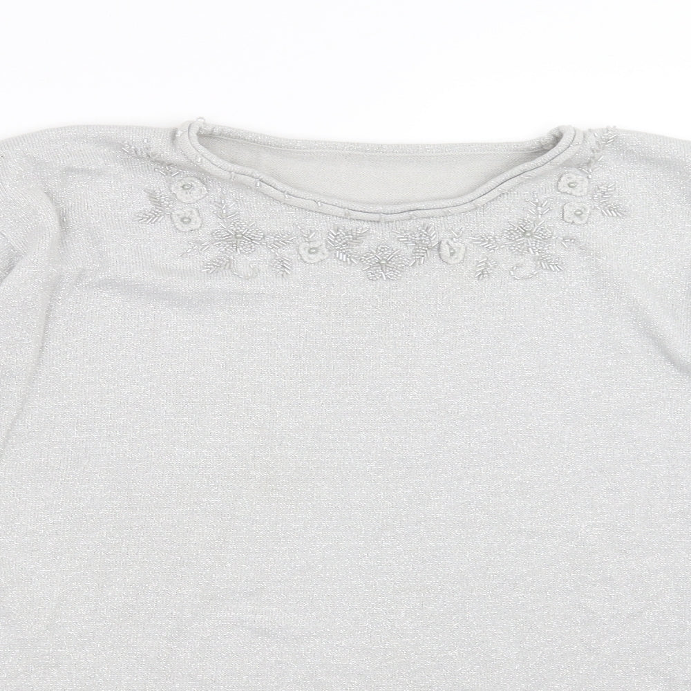 Preworn Womens Silver  Knit Pullover Jumper Size XL  - floral beading detail