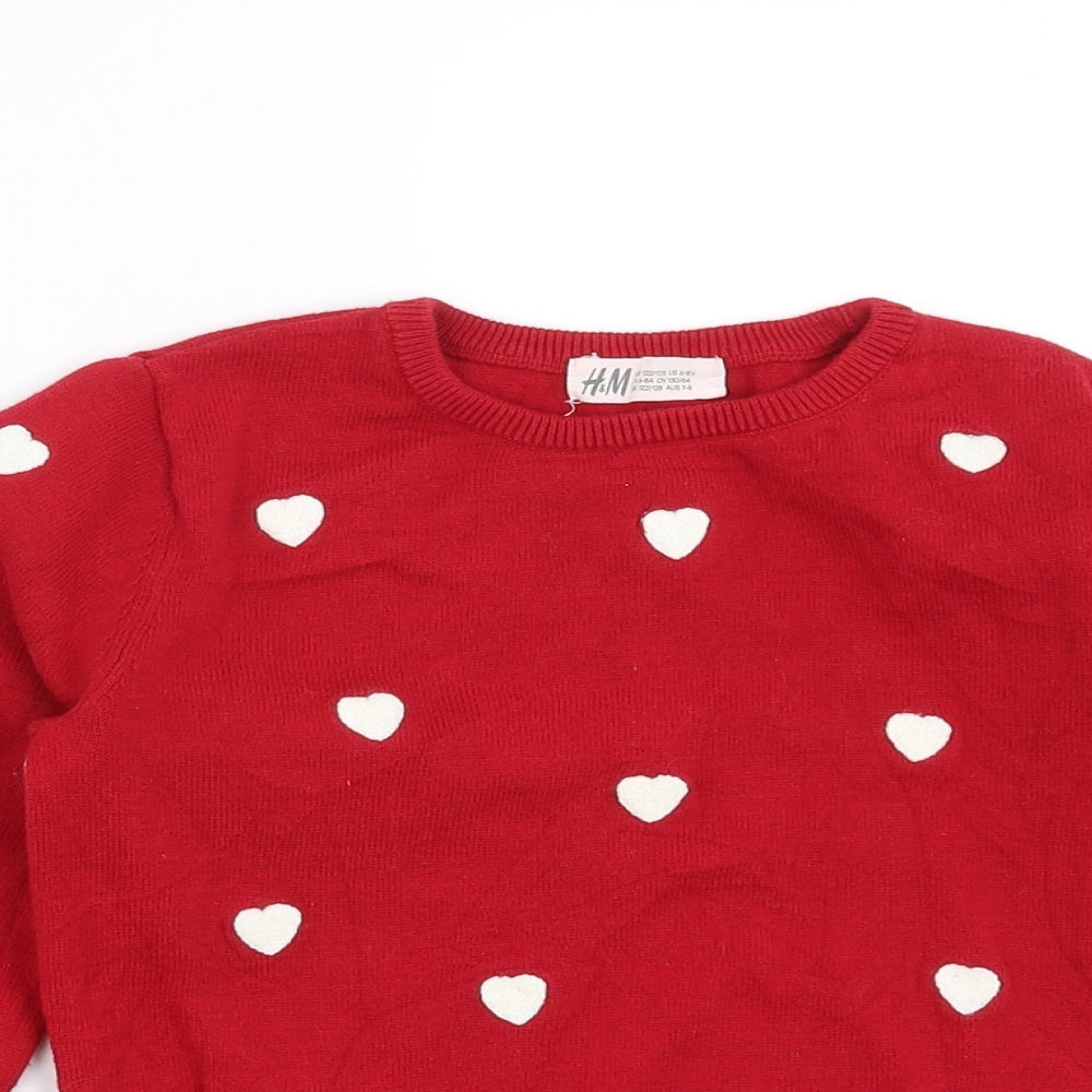 H&M Girls Red  Knit Pullover Jumper Size 6-7 Years  - heart pattern