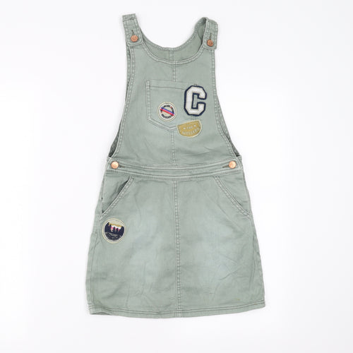 Marks and Spencer Girls Green  Denim Pinafore/Dungaree Dress  Size 8-9 Years  - embroidered patches
