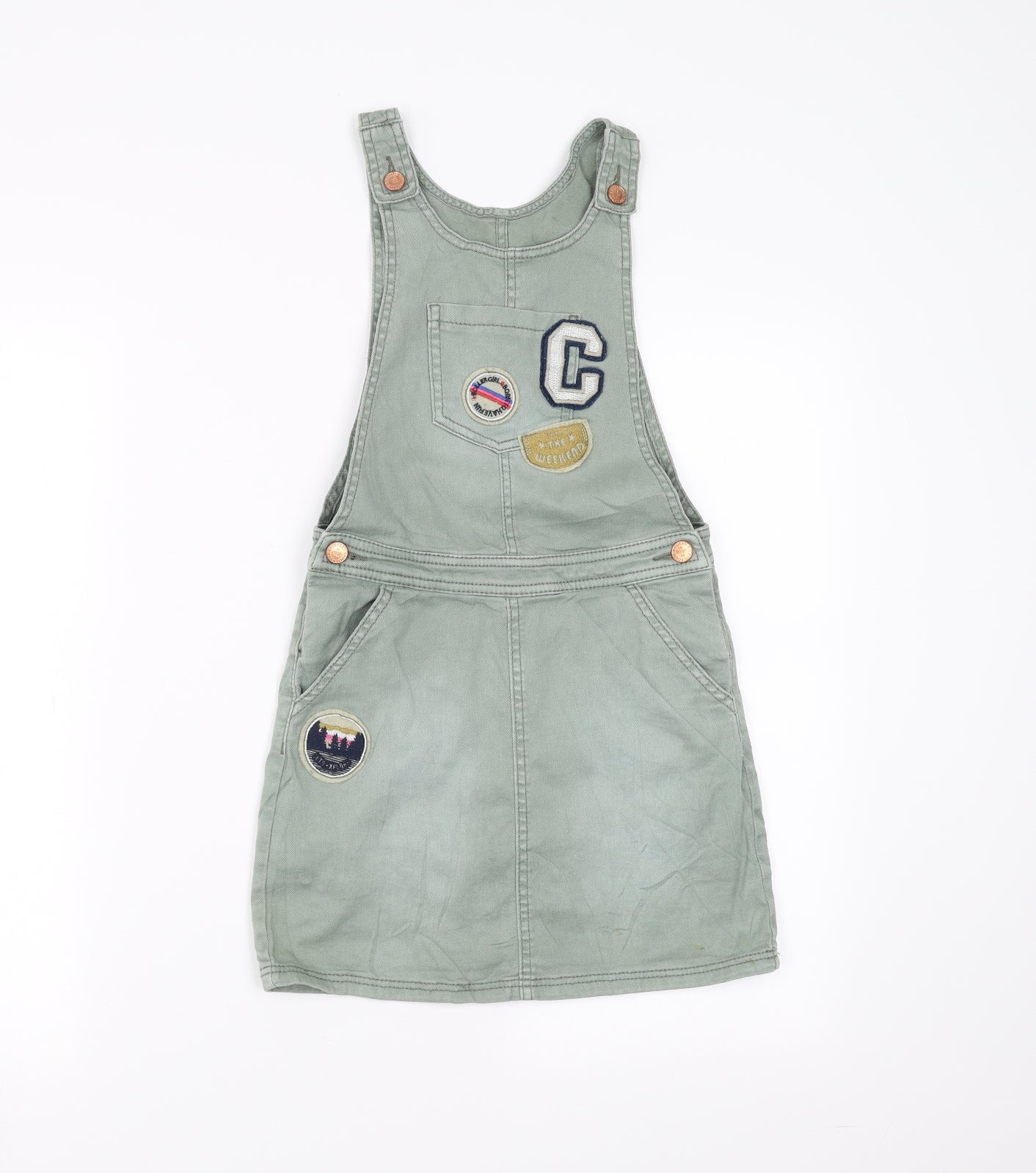 Marks and Spencer Girls Green  Denim Pinafore/Dungaree Dress  Size 8-9 Years  - embroidered patches