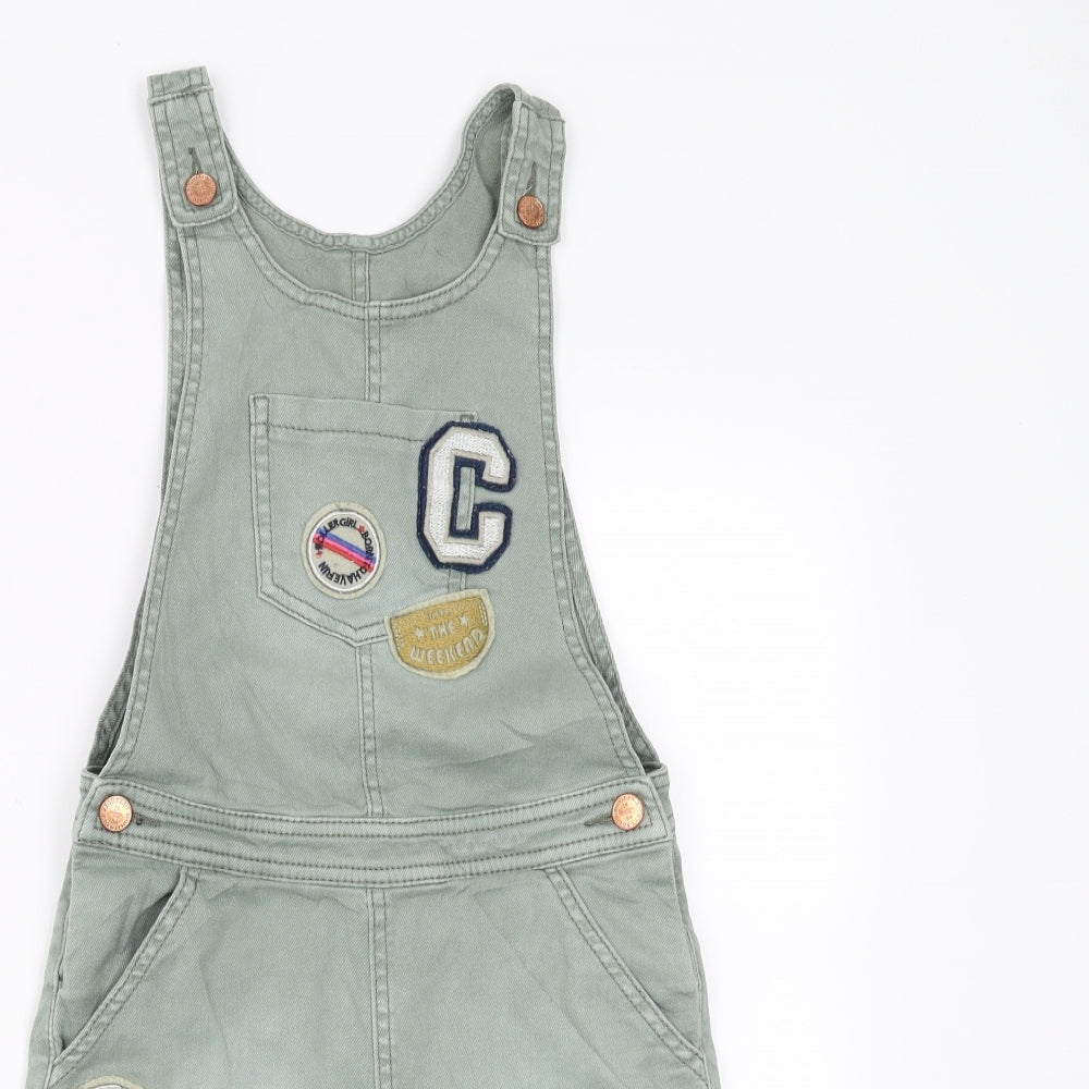 Marks and Spencer Girls Green  Denim Pinafore/Dungaree Dress  Size 8-9 Years  - embroidered patches