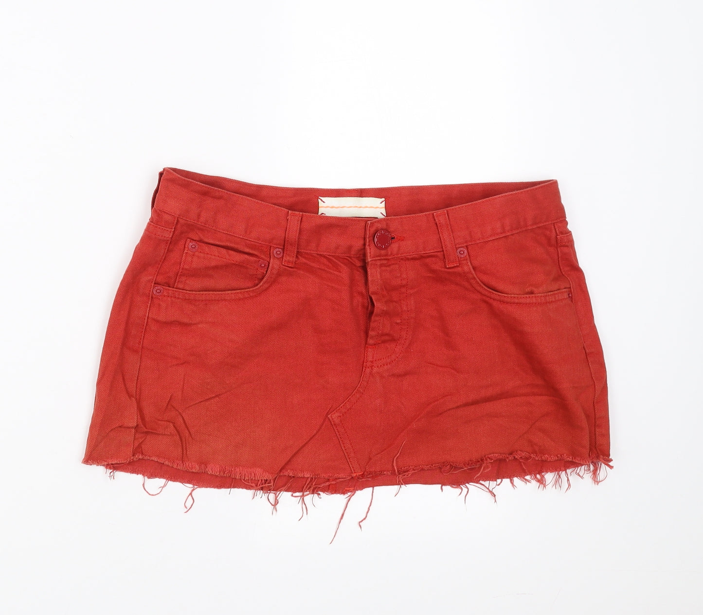 Topshop Womens Red  Denim Mini Skirt Size 12  - distressed hem