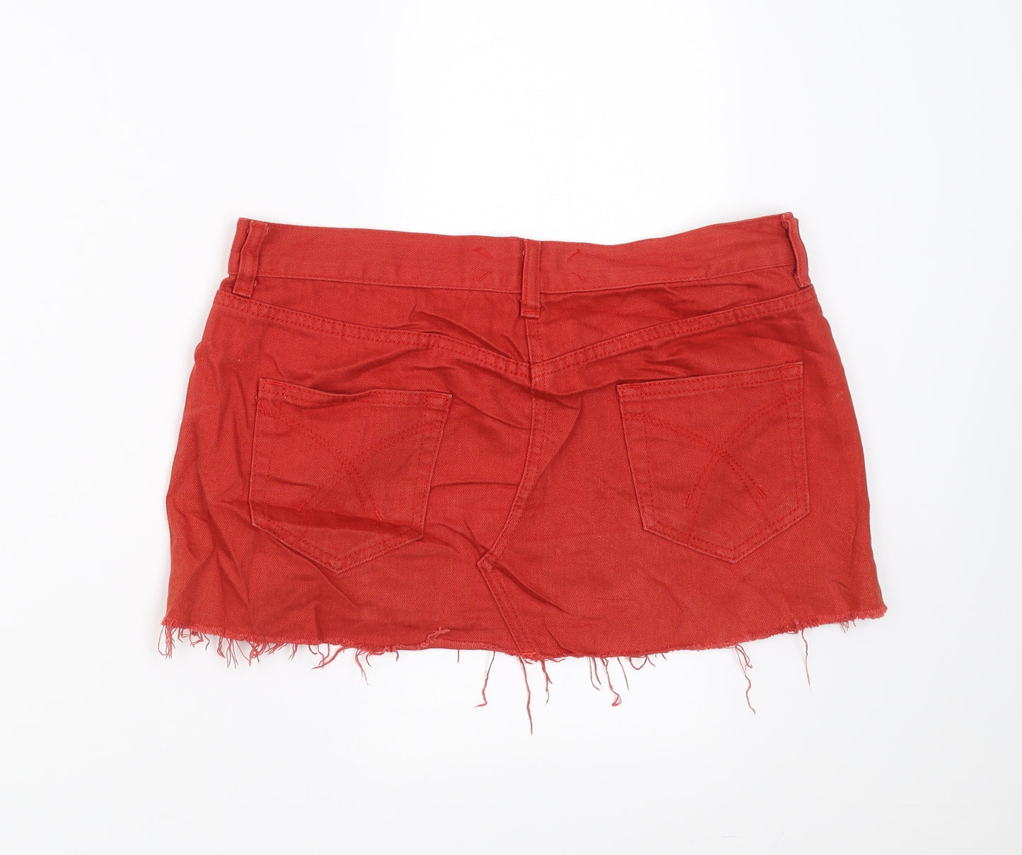 Topshop Womens Red  Denim Mini Skirt Size 12  - distressed hem