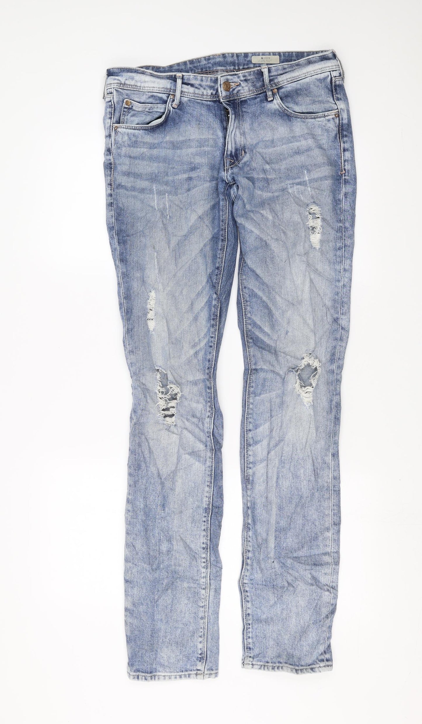 H&M Mens Blue  Denim Straight Jeans Size 34 in L35 in - Distressed