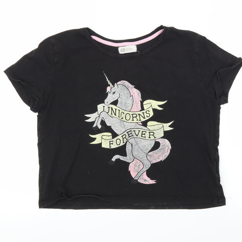 H&M Girls Black   Cropped T-Shirt Size 13 Years  - Unicorn
