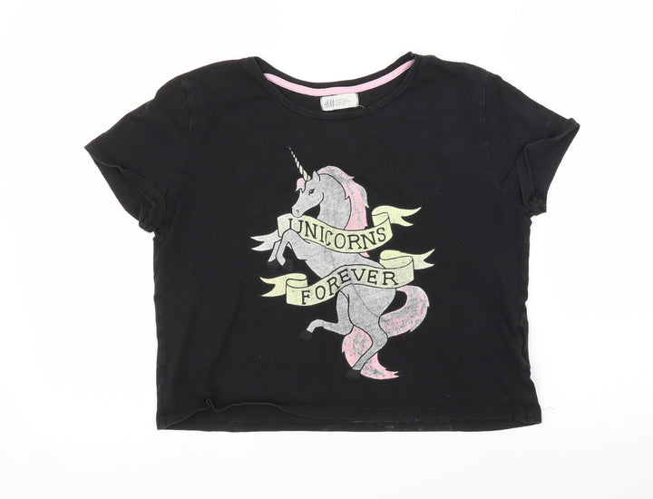 H&M Girls Black Cropped T-Shirt Size 13 Years - Unicorn