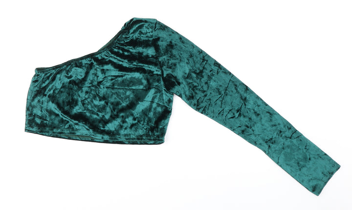 PRETTYLITTLETHING Womens Green Velour Cropped Blouse Size 16