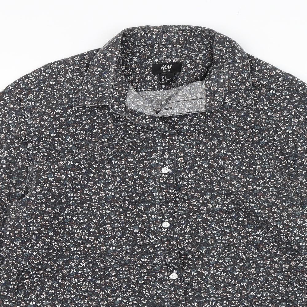 H&M Mens Black Floral   Button-Up Size L