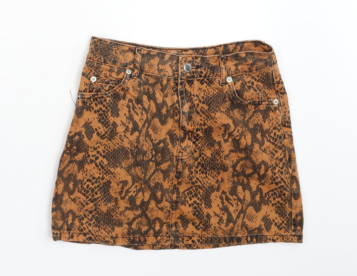Topshop Womens Orange Animal Print Denim Mini Skirt Size 8