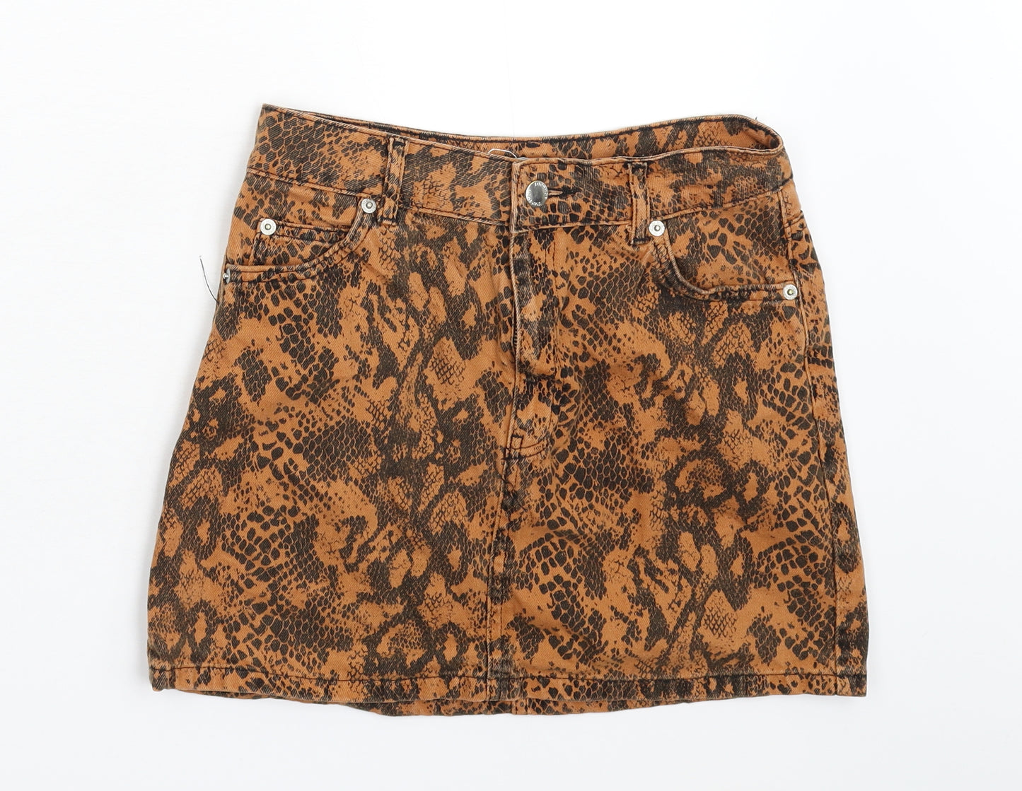 Topshop Womens Orange Animal Print Denim Mini Skirt Size 8