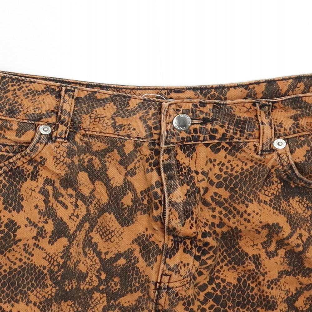Topshop Womens Orange Animal Print Denim Mini Skirt Size 8