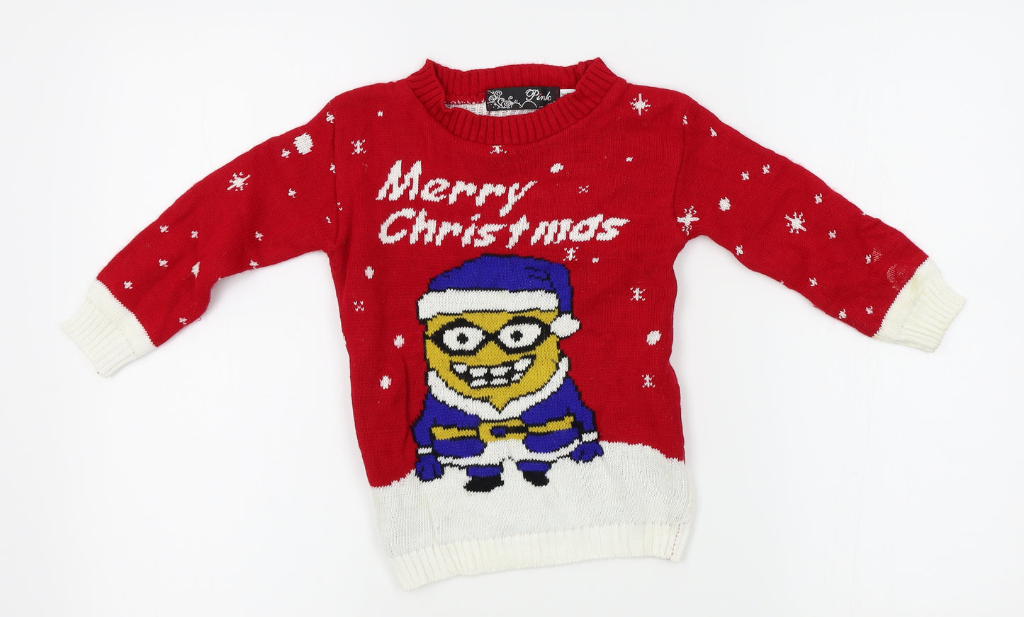 PINK Girls Red   Pullover Jumper Size 3-4 Years  - minions, christmas
