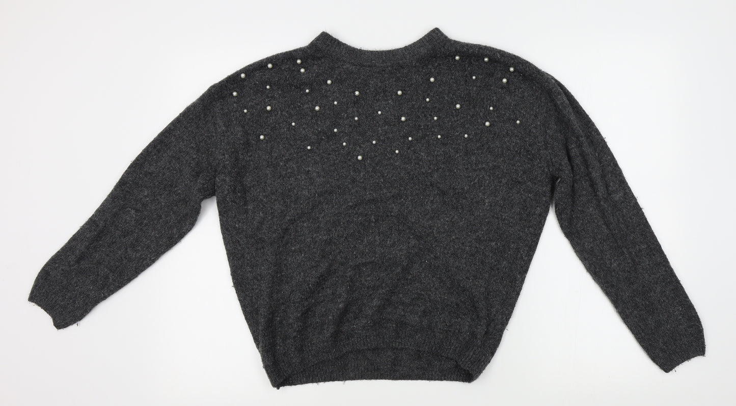 H&M Girls Grey   Pullover Jumper Size 13-14 Years  - beads